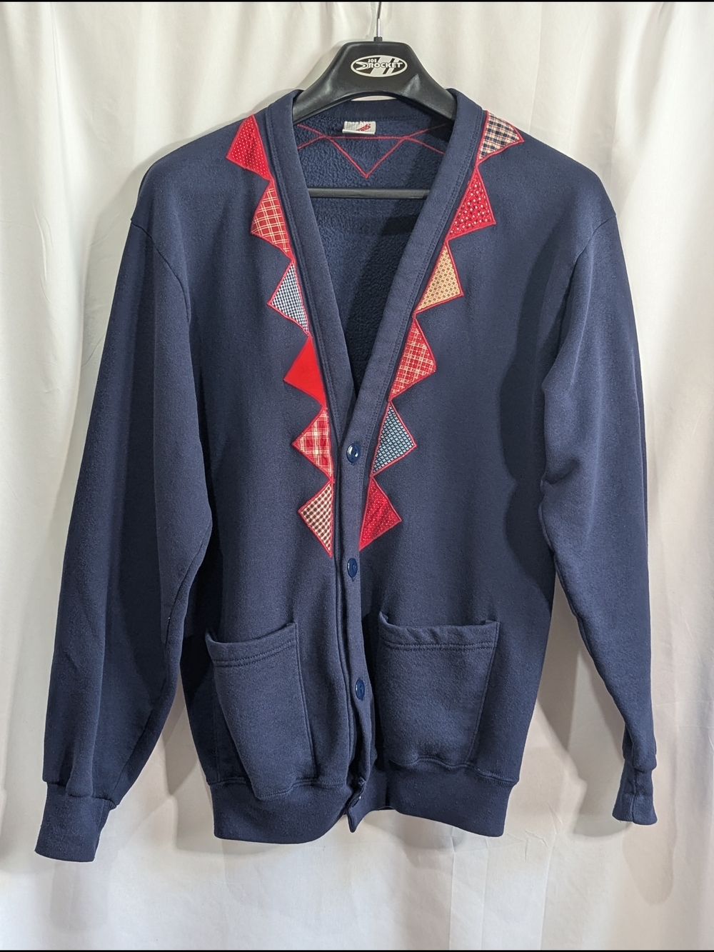 Vintage Jerzees Cardigan Navy Patchwork Red Blue Folk Art Grandma Core USA